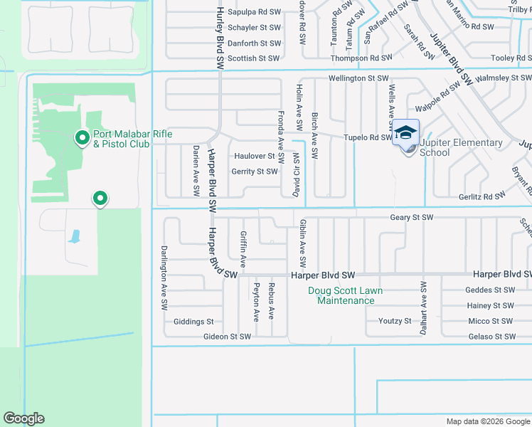 map of restaurants, bars, coffee shops, grocery stores, and more near 1217 Hathaway Road Southwest in Palm Bay