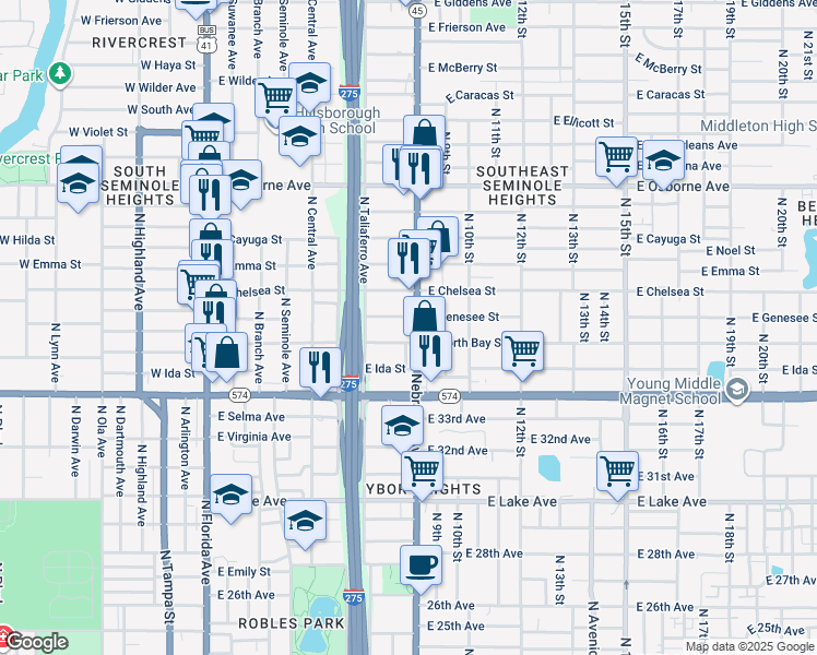 map of restaurants, bars, coffee shops, grocery stores, and more near 811 East Genesee Street in Tampa