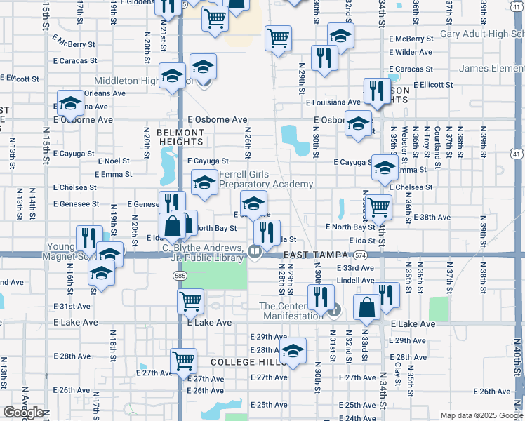 map of restaurants, bars, coffee shops, grocery stores, and more near 2614 East 38th Avenue in Tampa
