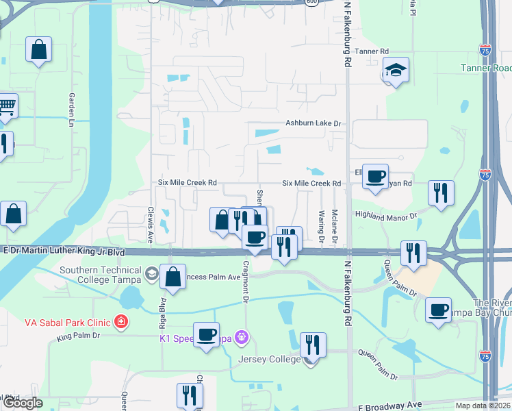 map of restaurants, bars, coffee shops, grocery stores, and more near 4300 Sherwick Drive in Tampa