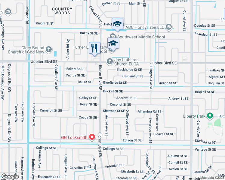 map of restaurants, bars, coffee shops, grocery stores, and more near 485 Brickell Street Southeast in Palm Bay