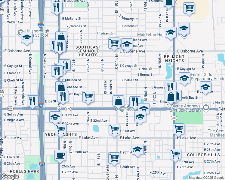 map of restaurants, bars, coffee shops, grocery stores, and more near 4207 North 14th Street in Tampa