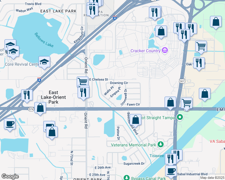 map of restaurants, bars, coffee shops, grocery stores, and more near 4305 Walis Place in Tampa