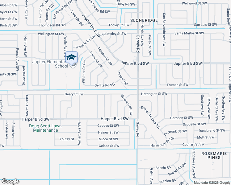 map of restaurants, bars, coffee shops, grocery stores, and more near 731 Geary Street Southwest in Palm Bay