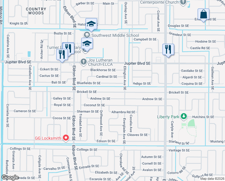 map of restaurants, bars, coffee shops, grocery stores, and more near 591 Brickell Street Southeast in Palm Bay
