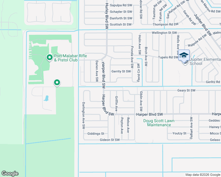 map of restaurants, bars, coffee shops, grocery stores, and more near 1253 Hathaway Road Southwest in Palm Bay