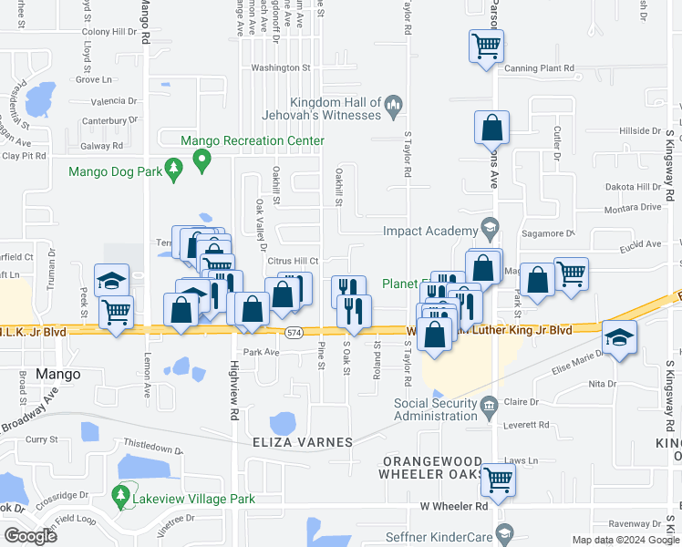 map of restaurants, bars, coffee shops, grocery stores, and more near 5004 Beechcraft Way in Seffner