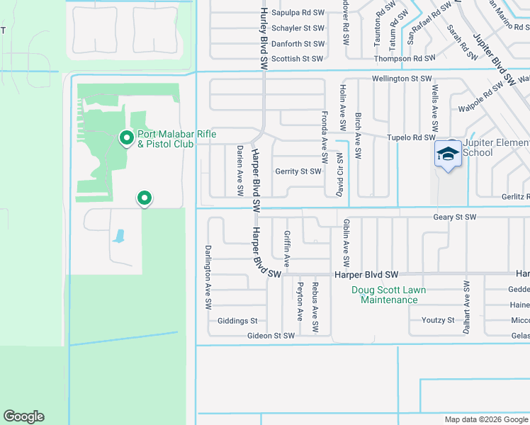 map of restaurants, bars, coffee shops, grocery stores, and more near 1283 Hathaway Road Southwest in Palm Bay