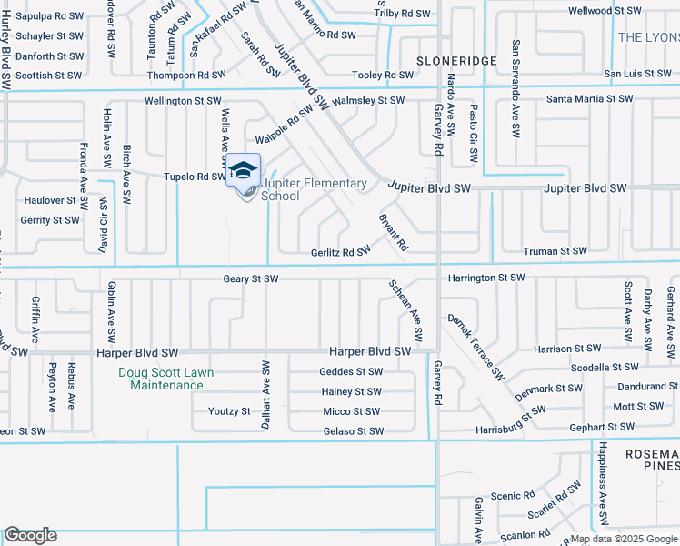 map of restaurants, bars, coffee shops, grocery stores, and more near 791 Geary Street Southwest in Palm Bay