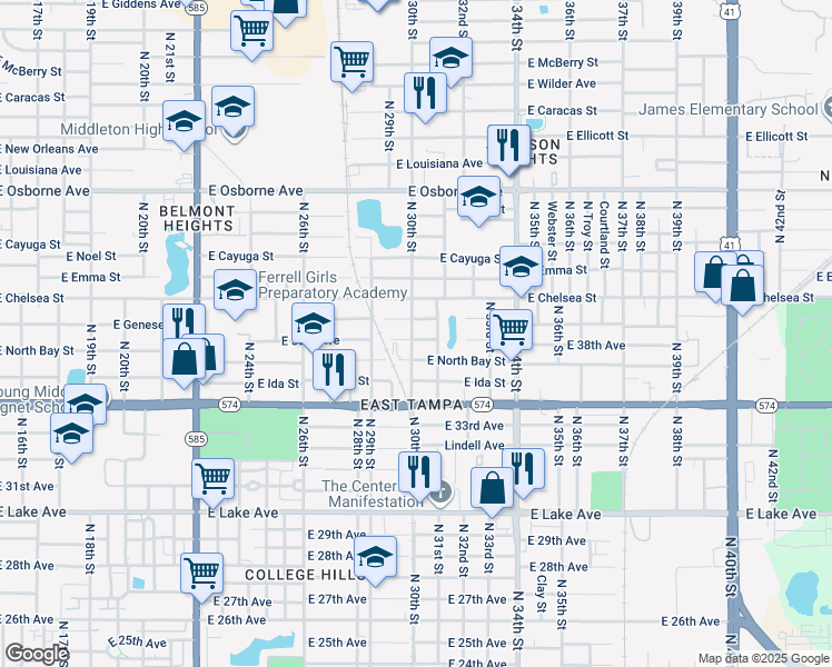 map of restaurants, bars, coffee shops, grocery stores, and more near 4217 North 30th Street in Tampa