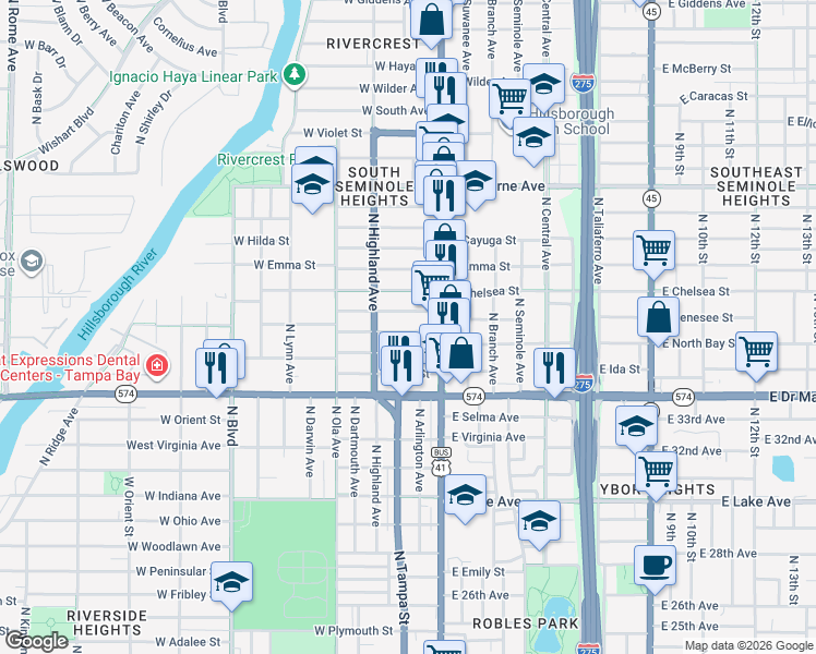 map of restaurants, bars, coffee shops, grocery stores, and more near 117 West Alva Street in Tampa