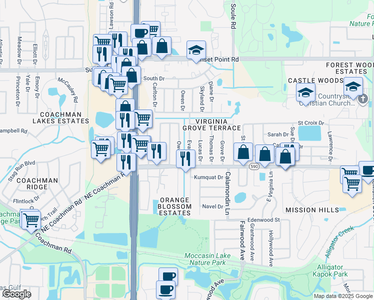 map of restaurants, bars, coffee shops, grocery stores, and more near 1718 Evans Drive in Clearwater