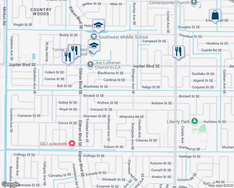 map of restaurants, bars, coffee shops, grocery stores, and more near 591 Brickell Street Southeast in Palm Bay
