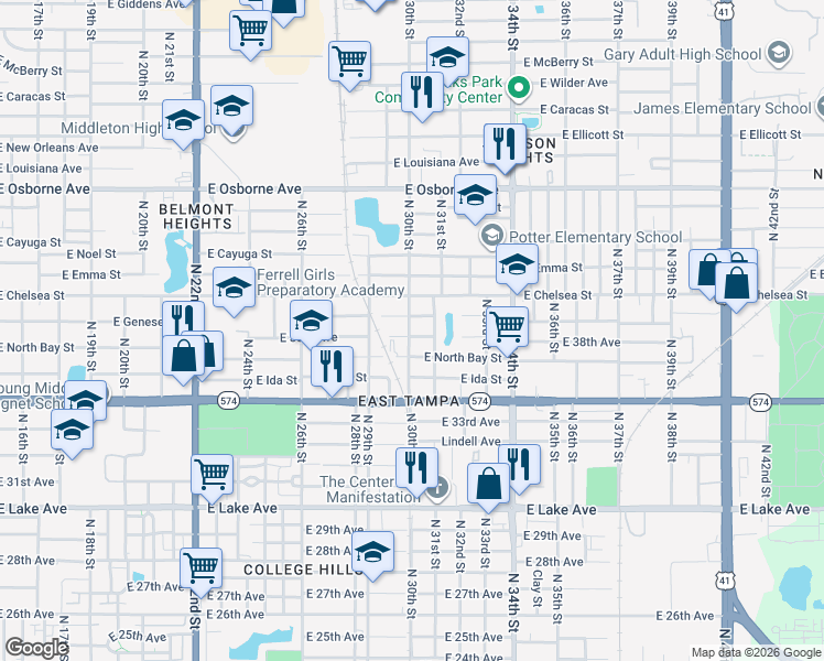map of restaurants, bars, coffee shops, grocery stores, and more near 4217 North 30th Street in Tampa