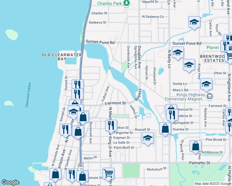 map of restaurants, bars, coffee shops, grocery stores, and more near 1732 North Washington Avenue in Clearwater