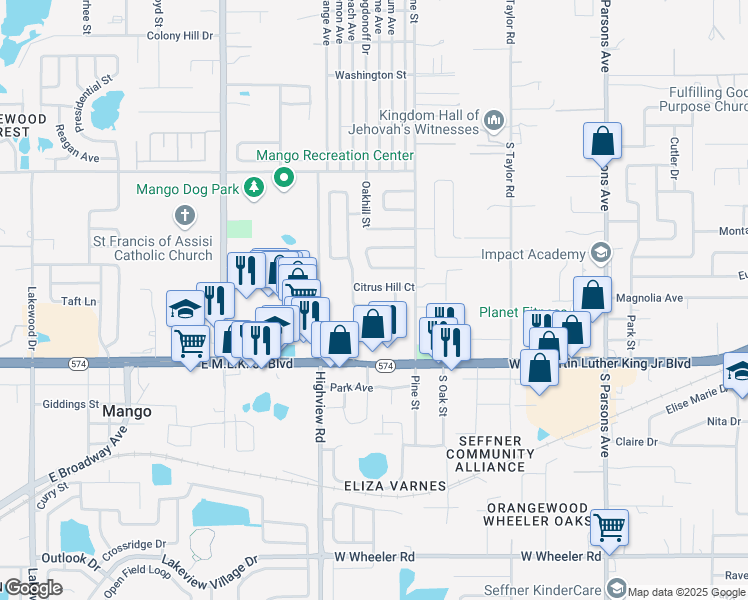 map of restaurants, bars, coffee shops, grocery stores, and more near 1427 Oak Valley Drive in Seffner