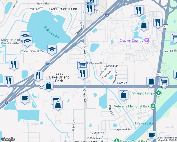 map of restaurants, bars, coffee shops, grocery stores, and more near 4210 King Alfred Drive in Tampa