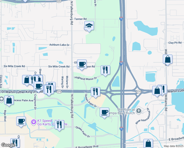 map of restaurants, bars, coffee shops, grocery stores, and more near 10210 Highland Manor Drive in Tampa