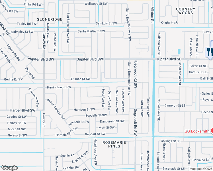 map of restaurants, bars, coffee shops, grocery stores, and more near 321 Harrington Street Southwest in Palm Bay