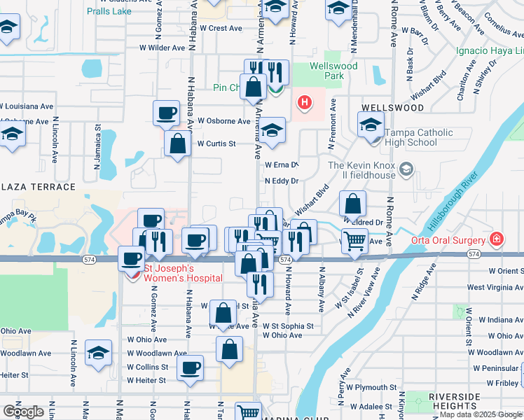 map of restaurants, bars, coffee shops, grocery stores, and more near 4505 Emma Circle in Tampa