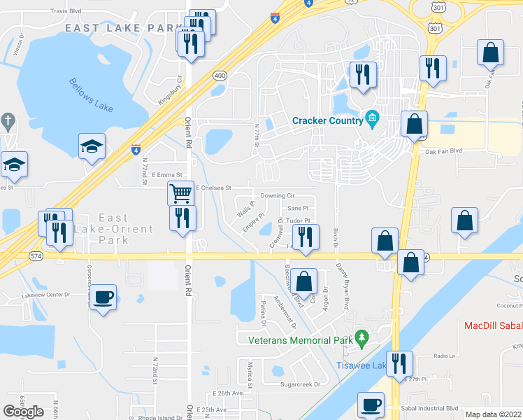 map of restaurants, bars, coffee shops, grocery stores, and more near 4218 Empire Place in Tampa