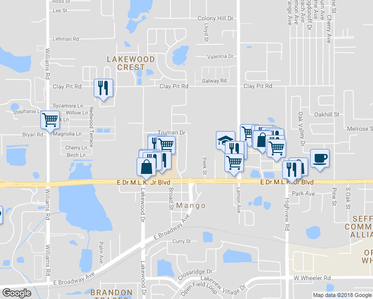 map of restaurants, bars, coffee shops, grocery stores, and more near 4022 Truman Drive in Seffner