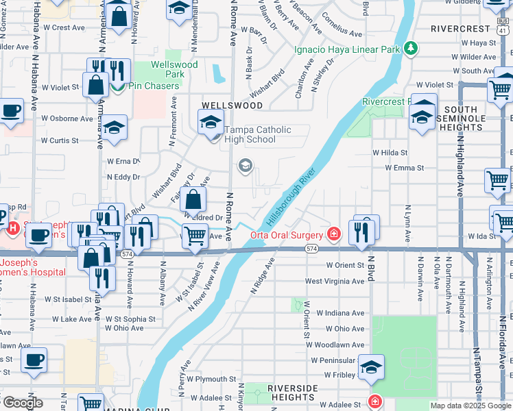 map of restaurants, bars, coffee shops, grocery stores, and more near 1505 Coolwater Drive in Tampa