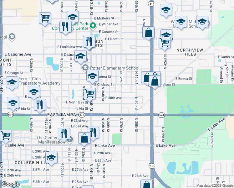 map of restaurants, bars, coffee shops, grocery stores, and more near 3625 East Genesee Street in Tampa