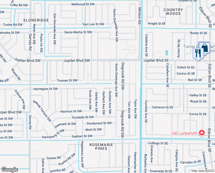 map of restaurants, bars, coffee shops, grocery stores, and more near 299 Hearth Street Southwest in Palm Bay