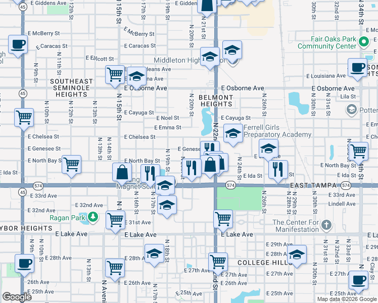map of restaurants, bars, coffee shops, grocery stores, and more near 2005 East Genesee Street in Tampa