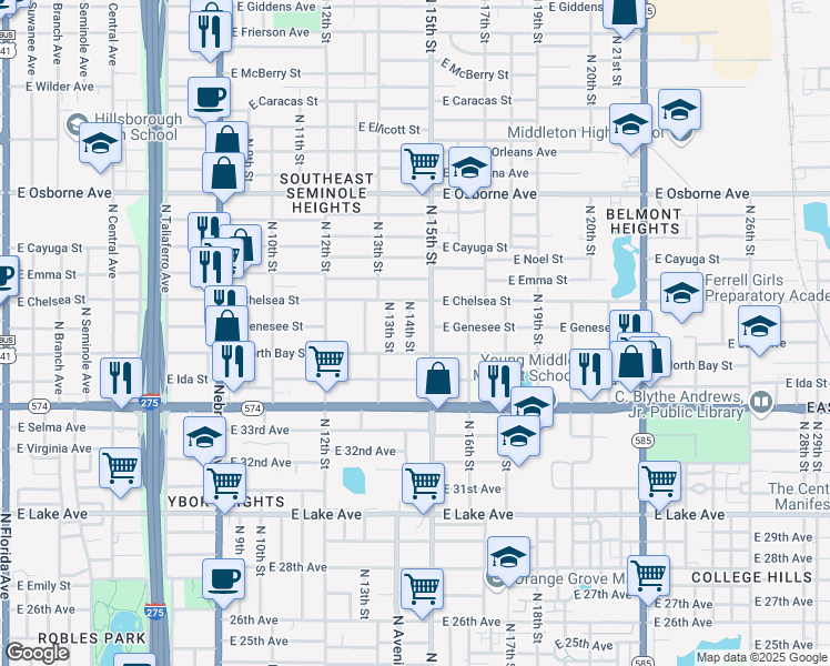 map of restaurants, bars, coffee shops, grocery stores, and more near 4208 North 15th Street in Tampa