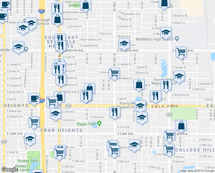 map of restaurants, bars, coffee shops, grocery stores, and more near 4209 North 13th Street in Tampa