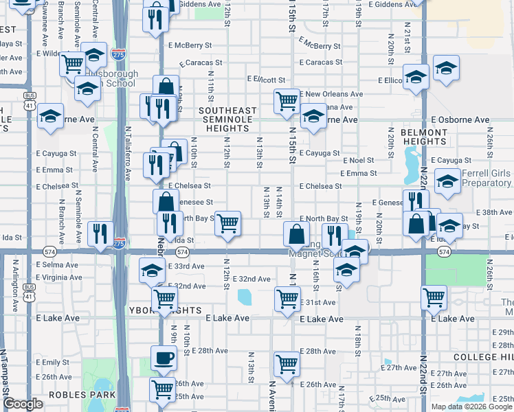 map of restaurants, bars, coffee shops, grocery stores, and more near 4209 North 13th Street in Tampa