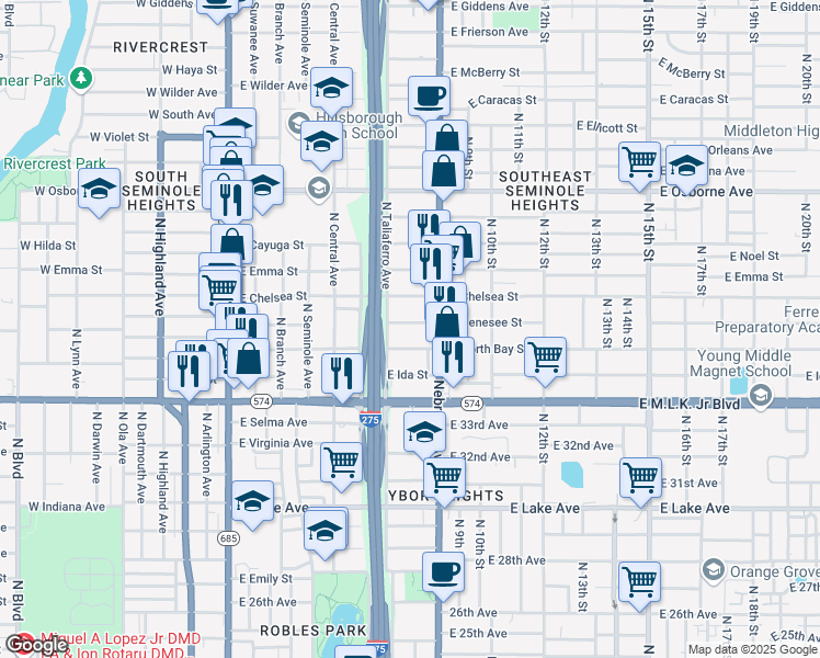 map of restaurants, bars, coffee shops, grocery stores, and more near 811 East Genesee Street in Tampa