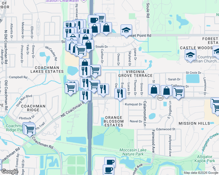 map of restaurants, bars, coffee shops, grocery stores, and more near 1731 Audrey Drive in Clearwater