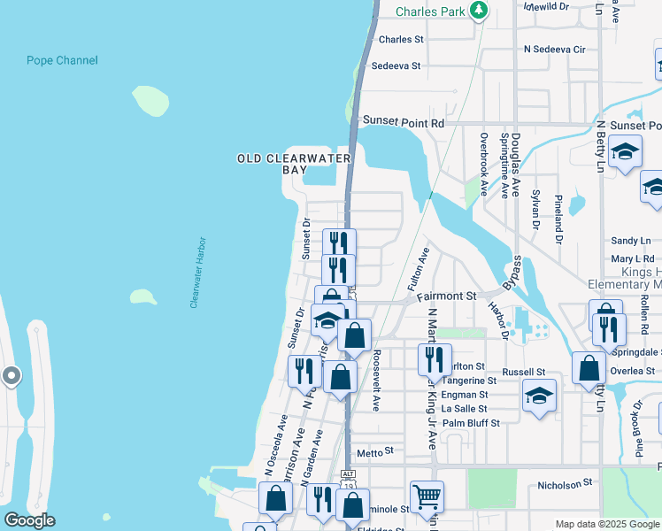 map of restaurants, bars, coffee shops, grocery stores, and more near 403 Pleasant Street in Clearwater