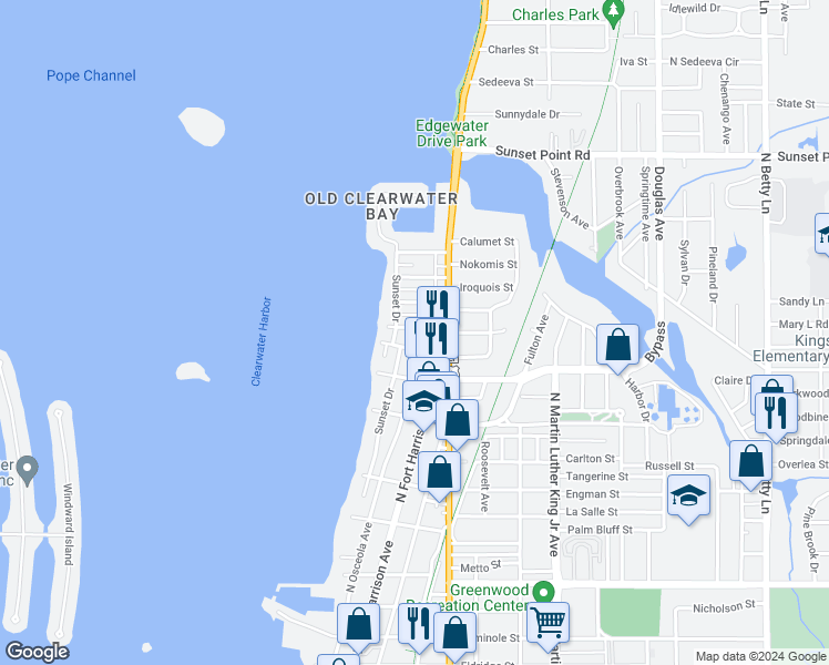 map of restaurants, bars, coffee shops, grocery stores, and more near 403 Pleasant Street in Clearwater