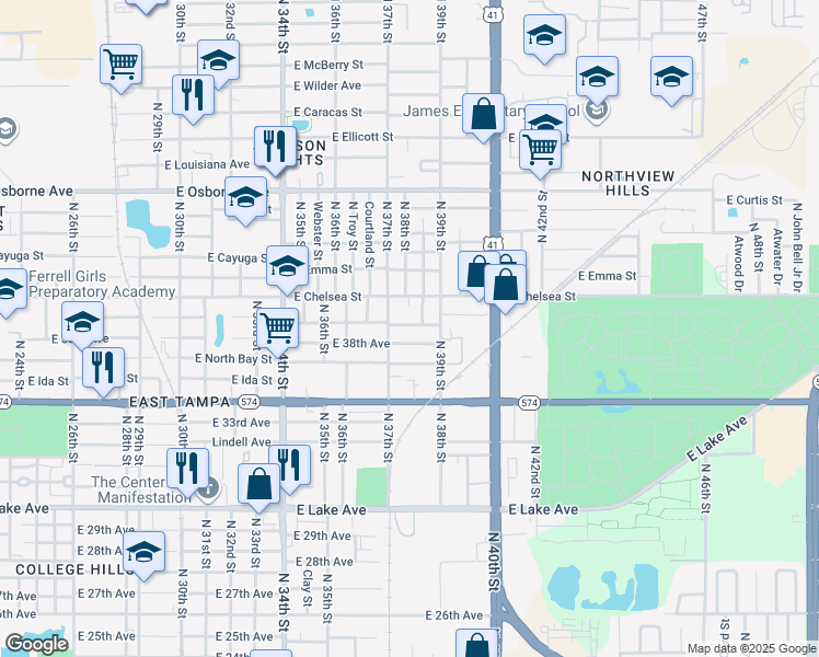 map of restaurants, bars, coffee shops, grocery stores, and more near 3711 East Genesee Street in Tampa