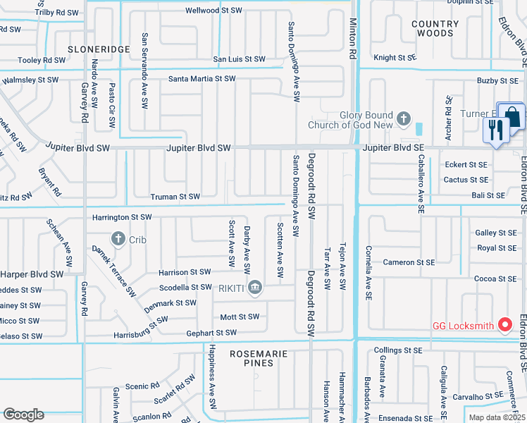 map of restaurants, bars, coffee shops, grocery stores, and more near 299 Hearth Street Southwest in Palm Bay