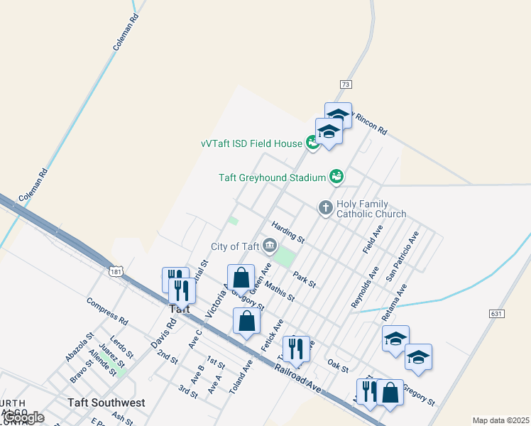 map of restaurants, bars, coffee shops, grocery stores, and more near 603 Victoria Avenue in Taft