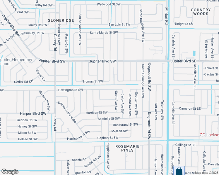 map of restaurants, bars, coffee shops, grocery stores, and more near 381 Harrington Street Southwest in Palm Bay