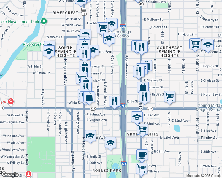 map of restaurants, bars, coffee shops, grocery stores, and more near 4109 North Central Avenue in Tampa
