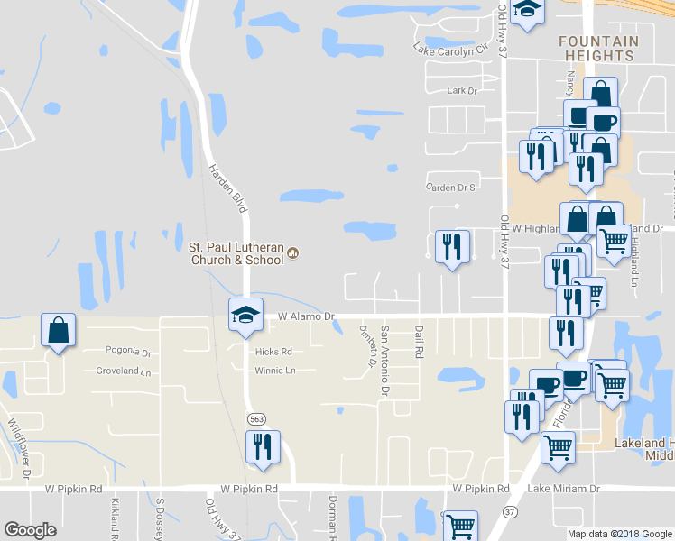 map of restaurants, bars, coffee shops, grocery stores, and more near 754 Zella Lane in Lakeland