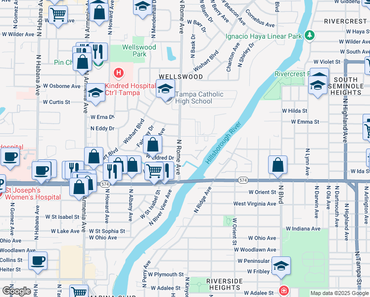 map of restaurants, bars, coffee shops, grocery stores, and more near 4515 North Rome Avenue in Tampa