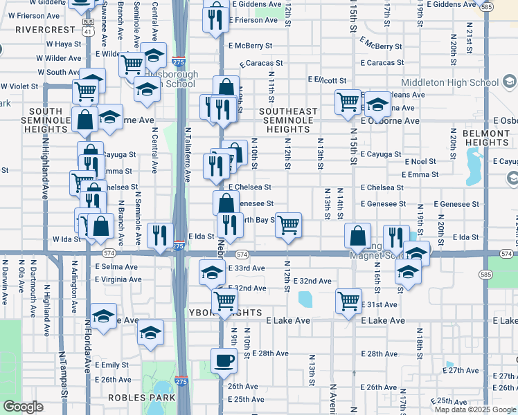 map of restaurants, bars, coffee shops, grocery stores, and more near 1003 East Genesee Street in Tampa