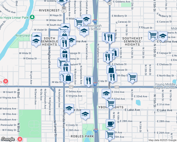 map of restaurants, bars, coffee shops, grocery stores, and more near 4109 North Central Avenue in Tampa