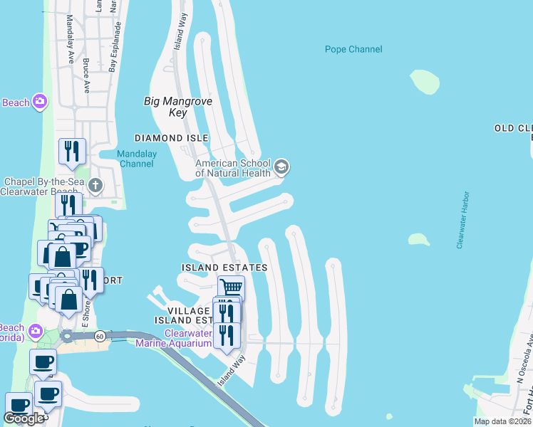 map of restaurants, bars, coffee shops, grocery stores, and more near 411 Palm Island Southeast in Clearwater
