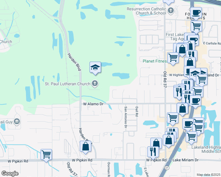 map of restaurants, bars, coffee shops, grocery stores, and more near 754 Zella Lane in Lakeland