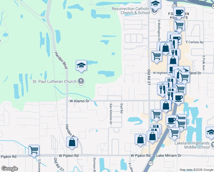 map of restaurants, bars, coffee shops, grocery stores, and more near 4515 South Remington Road in Lakeland
