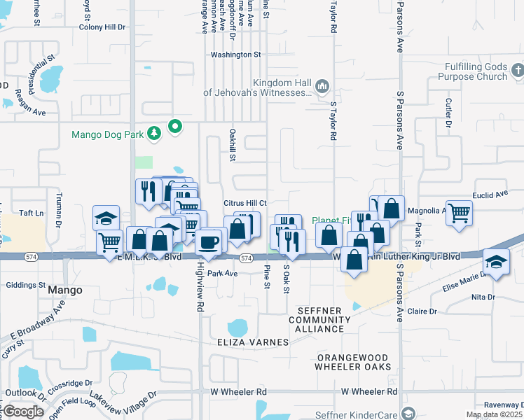 map of restaurants, bars, coffee shops, grocery stores, and more near 5018 Pine Street in Seffner